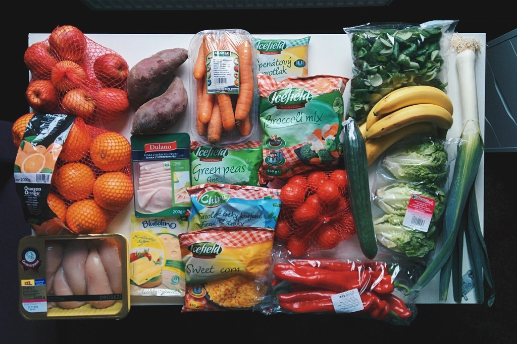 Healthy groceries and pantry staples arranged on a table
